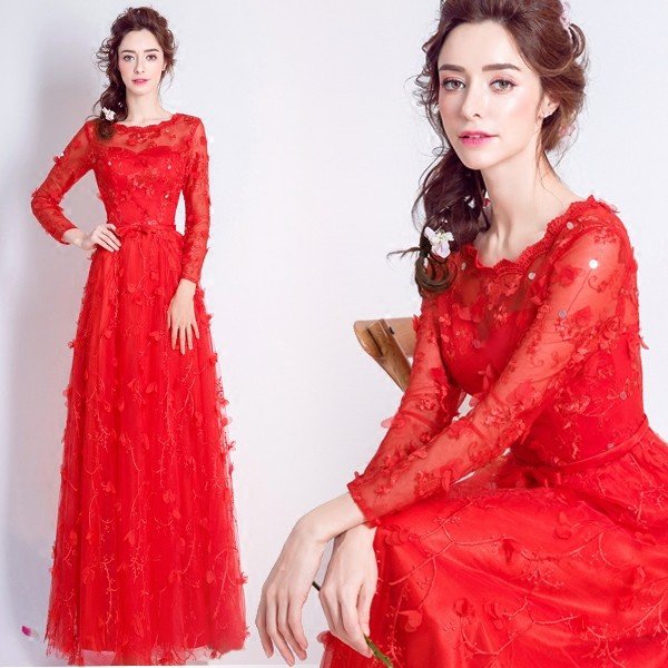 カラードレス 安い ロングドレス 長袖 aラインドレス 演奏会 結婚式 イブニングドレス 二次会 花