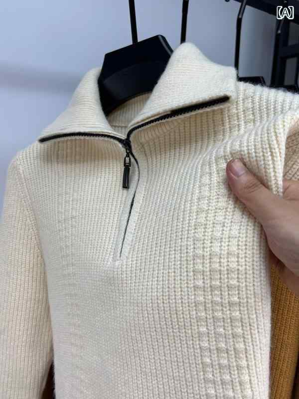 セーター メンズ ニット トップス 秋冬 ハーフジップ カジュアル タートルネック 厚手 無地 スリム フィット ホワイト ブラック グレー 6,300円