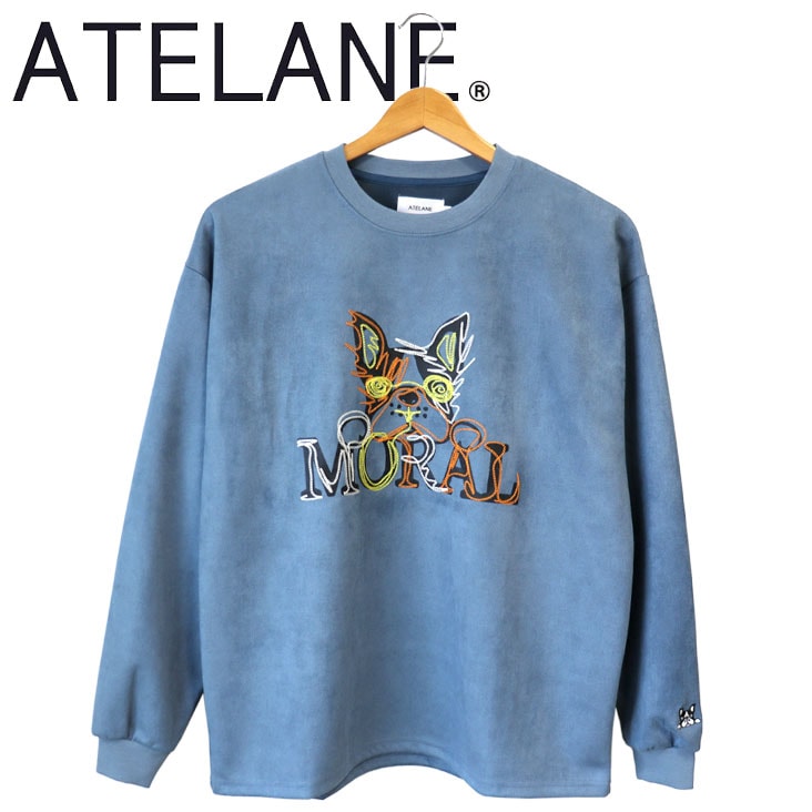 ATELANE アテレーン フレンチブルドッグ刺繍 プルオーバー フェイクスウェード スエードポンチ フェイクスエード 犬 フレブル トレーナー スウェット ブルー 青 25A-14022