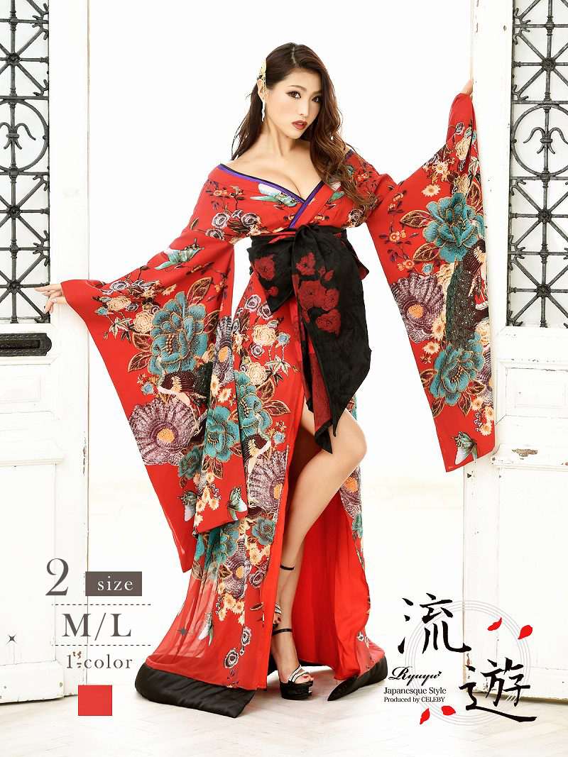 花魁 着物ドレス 赤 和柄 キャバドレス コスプレ おいらん ロングドレス 谷間魅せ 振袖 流遊