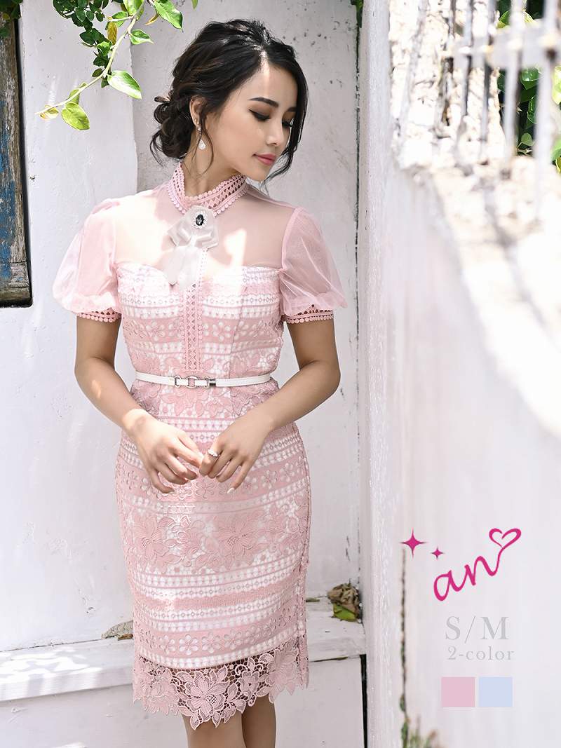 ケミカルレース 総レース シアー ブローチ 半袖 高級キャバドレス ブランドドレス 高級ドレスブランド an ANDY anドレス アン