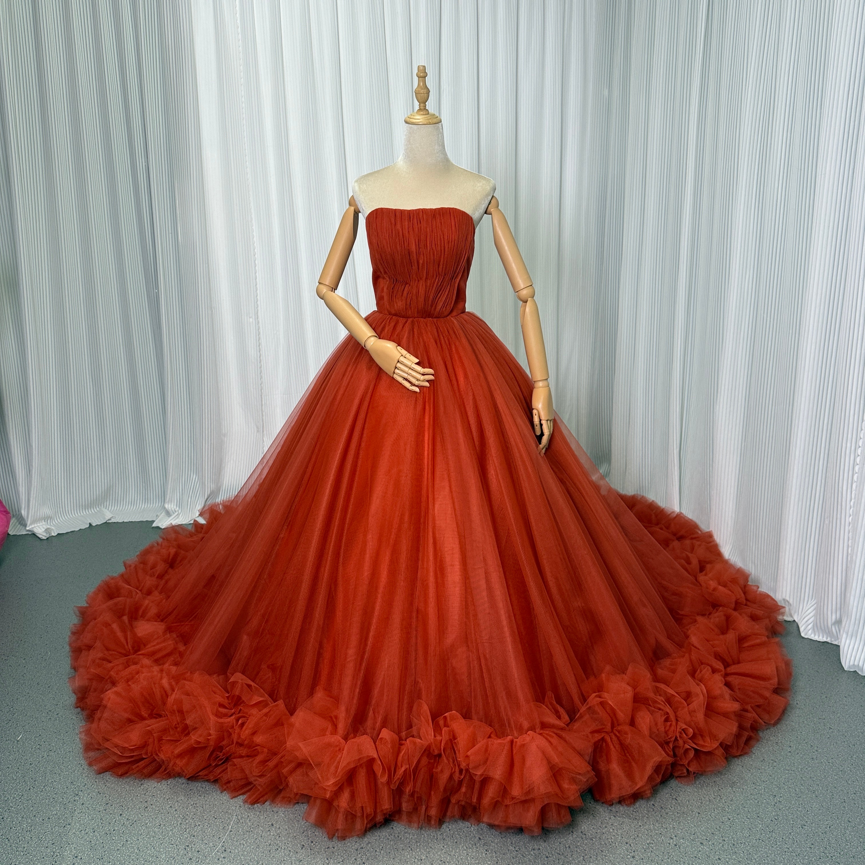 カラードレス テラコッタ色 ビスチェドレス フリルトレーン ソフトチュール ボリュームドレス 花嫁 33,131円
