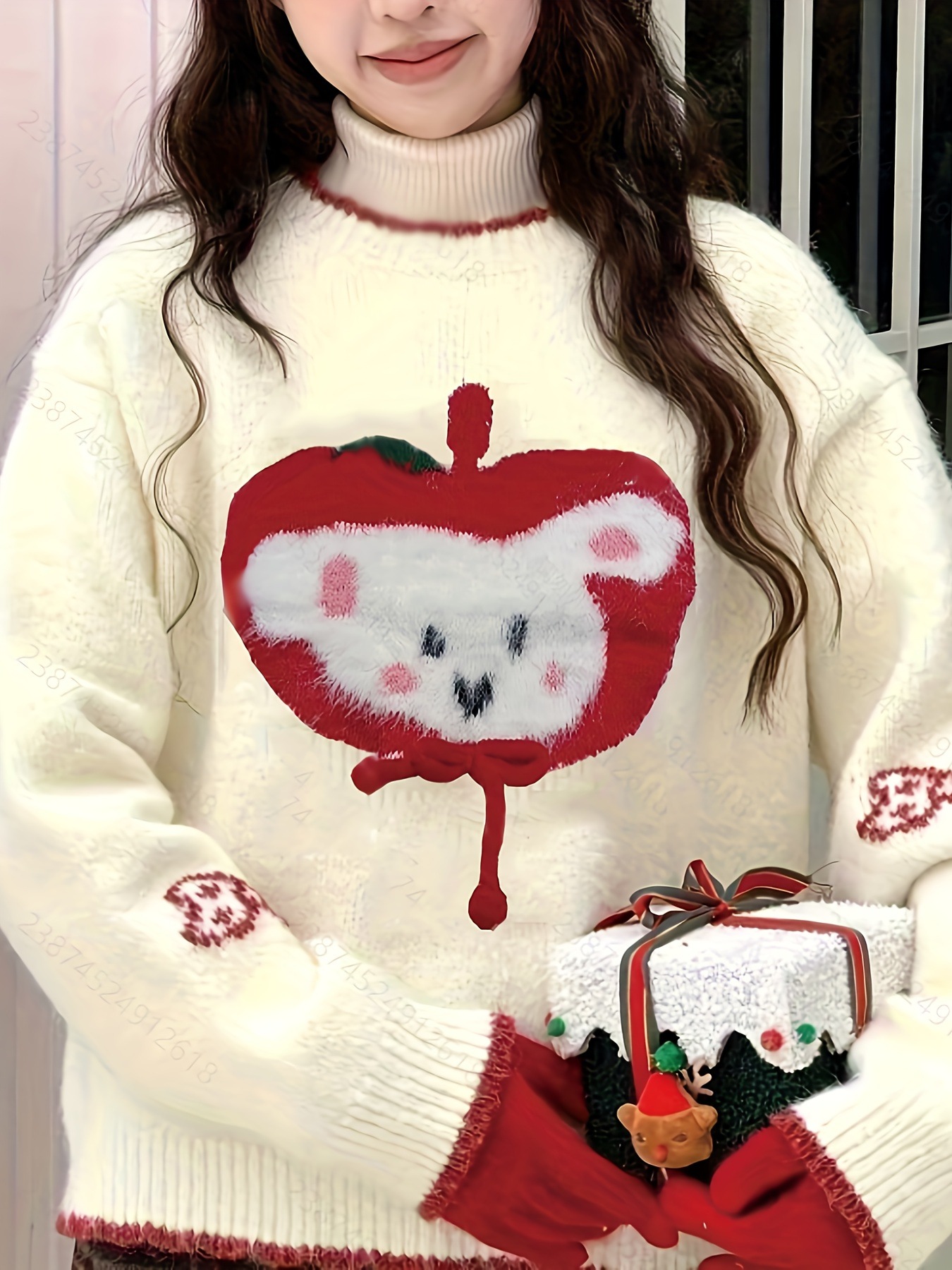 【秋冬】白いカラーブロックセーターアニマル柄の柔らかくふわふわなプルオーバーファッショナブルで着回し力抜群のレディースクルーネックセーター（長袖）