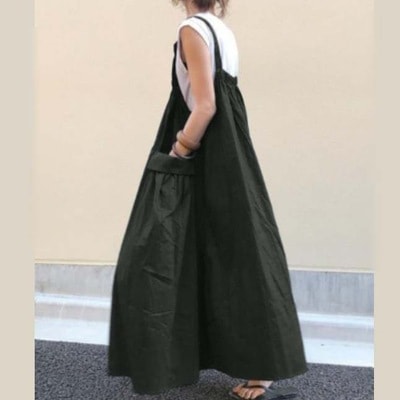 ワンピース キャミソールワンピース ロング丈 袖なし ノースリーブ 襟なし デザイン 美ライン ニュアンス ポケット ボリューム 落ち感 カラバリ かわいい 大人可愛い きれいめ シンプル カジュアル