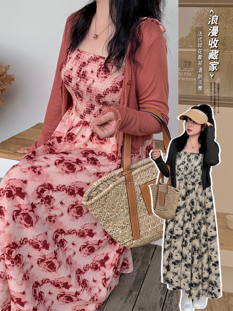 【ぽちゃまに】 春秋 ワンピースセット 大きいサイズ ブラウス＋キャミワンピース 花柄 体型カバー レディース セットアップ メガ割