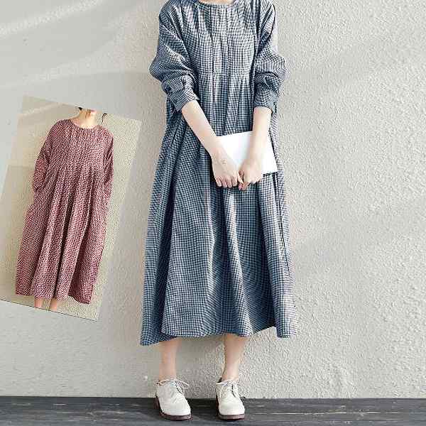 高評価!超人気 ゆったりワンピース　ルーズスタイル　ギンガムチェック　ブルー　レッド　長袖　ミモレ丈　大きいサイズ有り