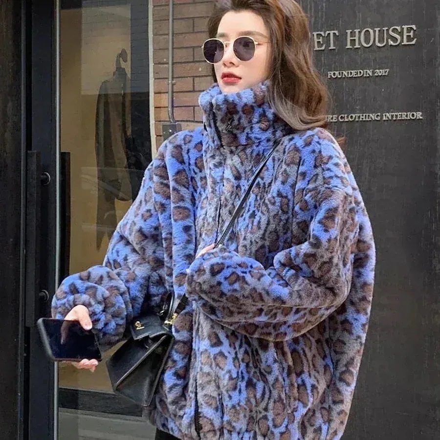 ムートンファッション豹柄 防風 ファージャケット スタンド襟 ジップ 防風裏地付き 2WAY ｐフリース 大人気 ファスナー ボア アウター 6,225円