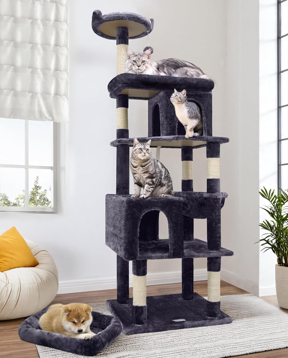 キャットタワー ねこタワー 大型猫用 猫タワー 成猫 多頭飼い 据え置き型 登りやすい 2ねこハウス 6麻紐爪とぎポール ２つの展望台 猫 ベッド ハンモック おもちゃ 転倒防止ベルト付き 運動不足解