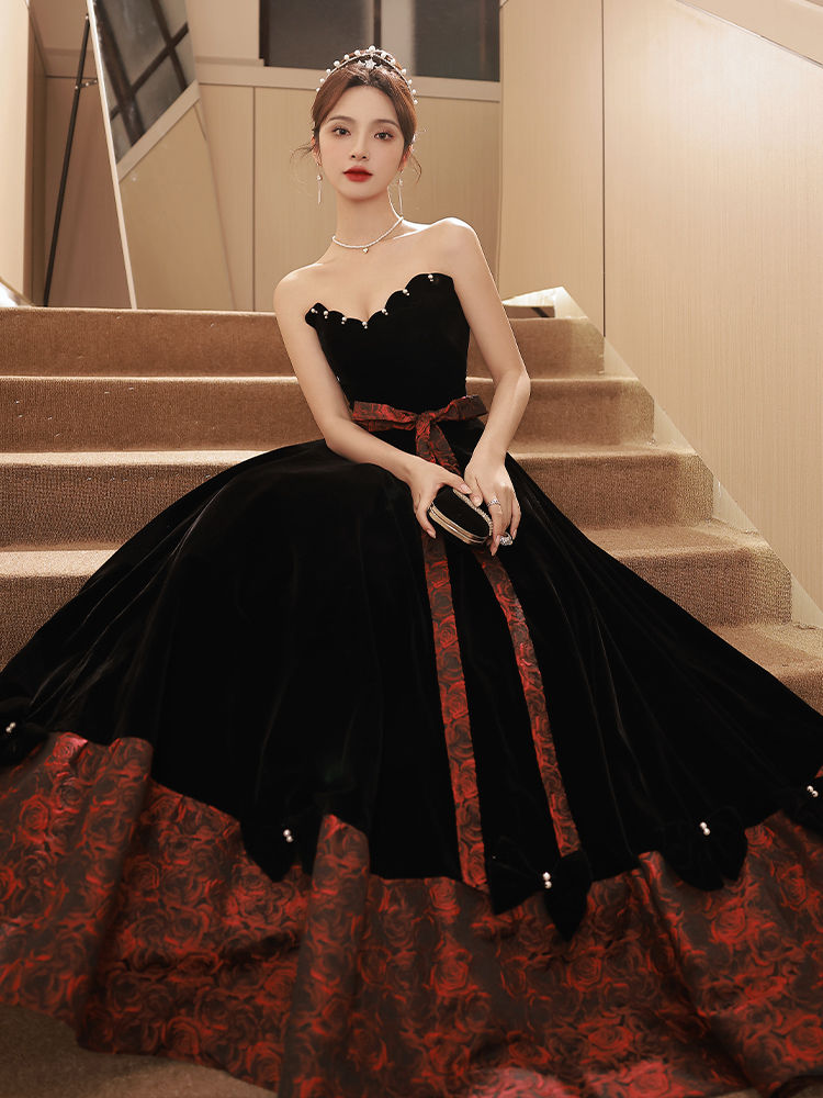ブトップ イブニング ドレス スカート 2023 気質 宴会 ホスト 女性 ブラック コート スタイル 母の日