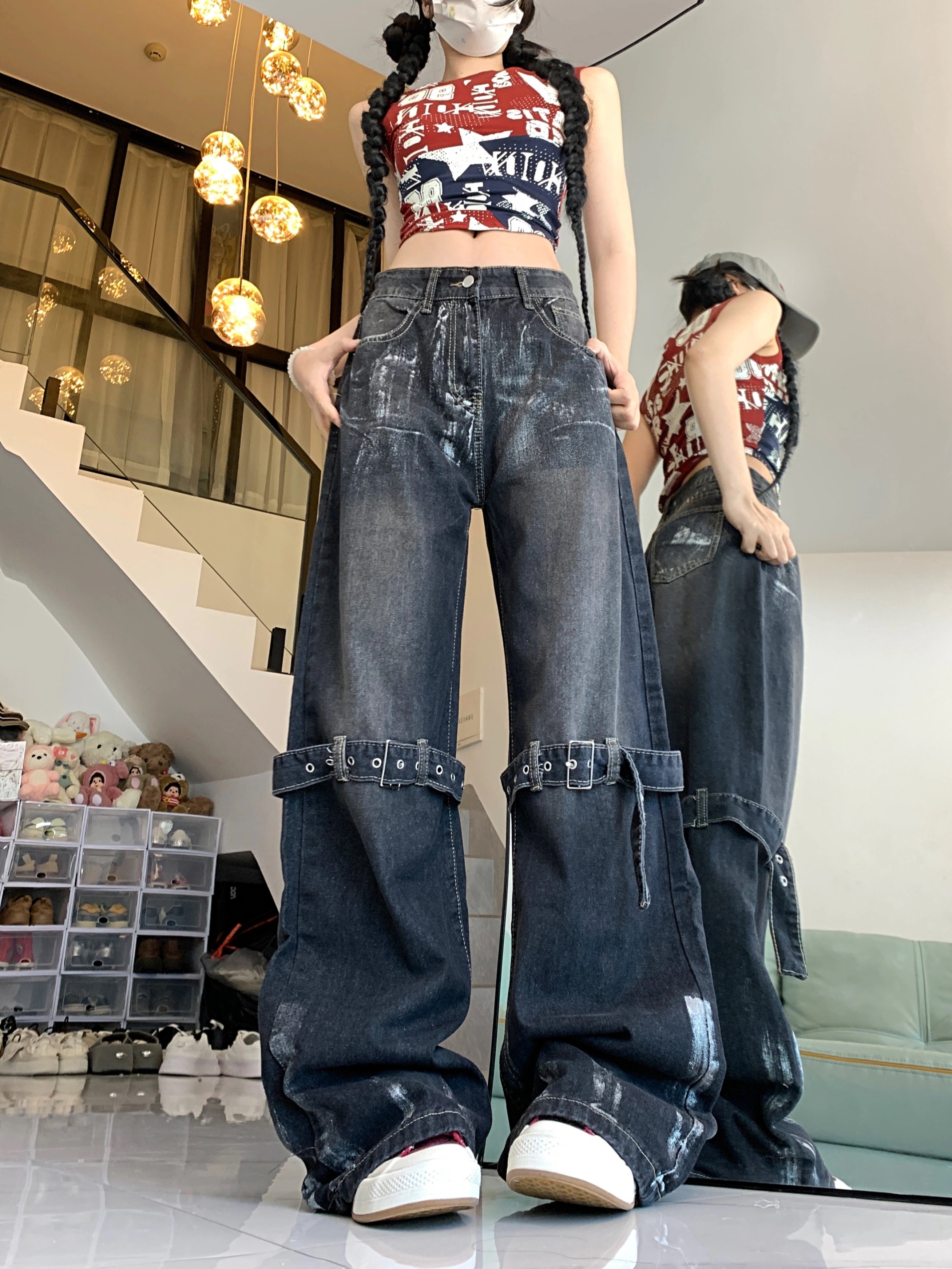 2024秋冬 デニムパンツ ボトムス ジーンズ ファッション系スタイル ゆるダボ ジーンズ ニーシルエット加工ゆったり レディース カジュアル 春夏 メンズライク