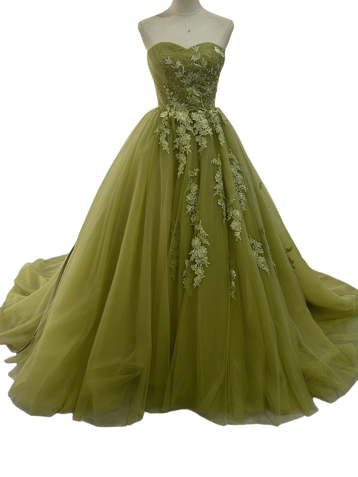 カラードレス 薄グリーン ベアトップ 可愛い プリンセスライン 二次会 披露宴