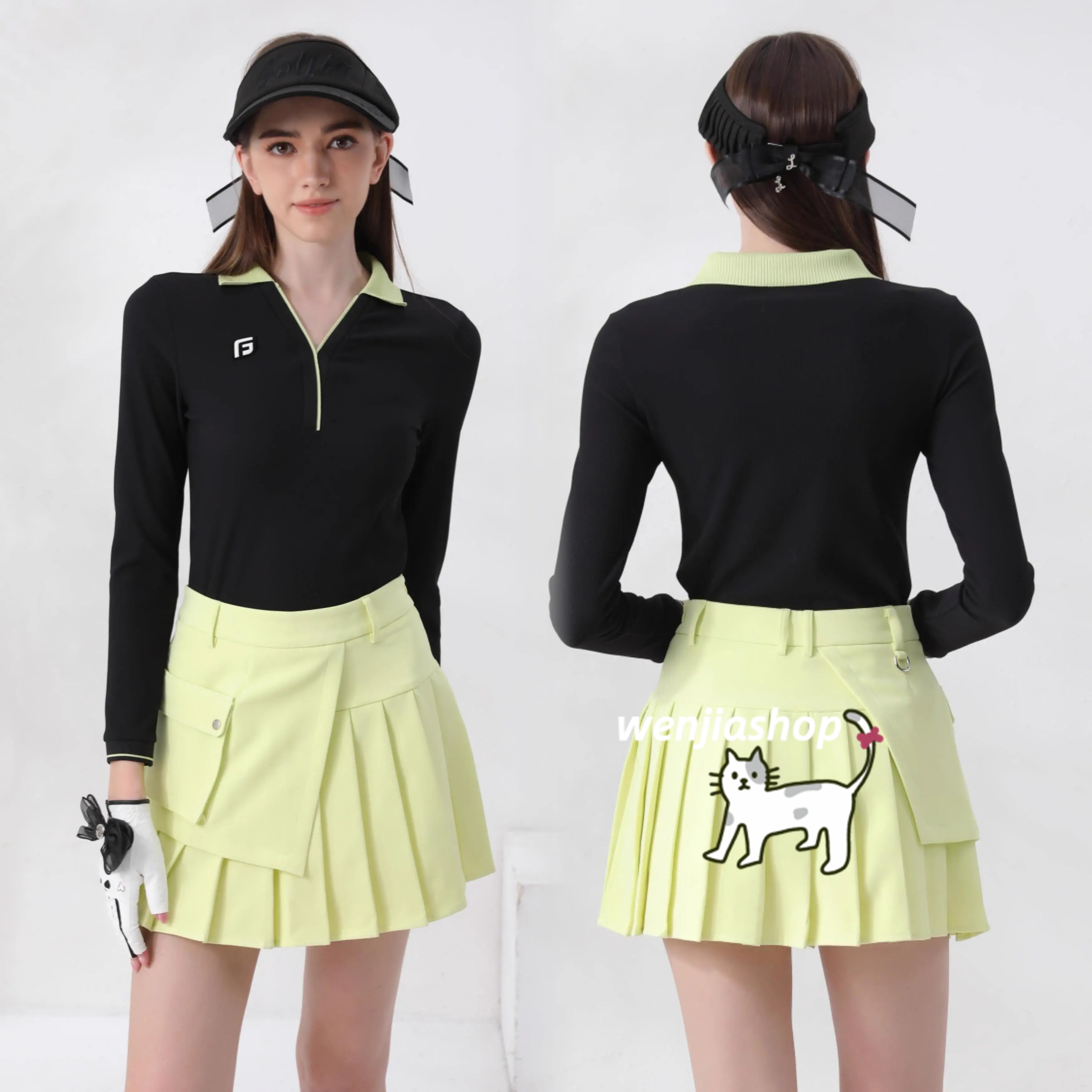 ゴルフウェア 2025 春秋冬 上下セット レディース スポーツウェア プリーツスカ ポロシャツ Tシャツ 長袖 スカート パンツ ハイウエスト 黒黄色 セットアップ 秋服 女性 テニスウェア 韓国風 5,628円