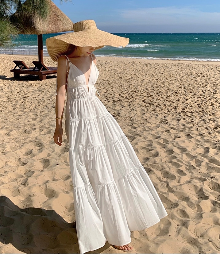 TK0052 ワンピース ロングスカート シンプル サマードレス ビーチ ホワイト リゾート