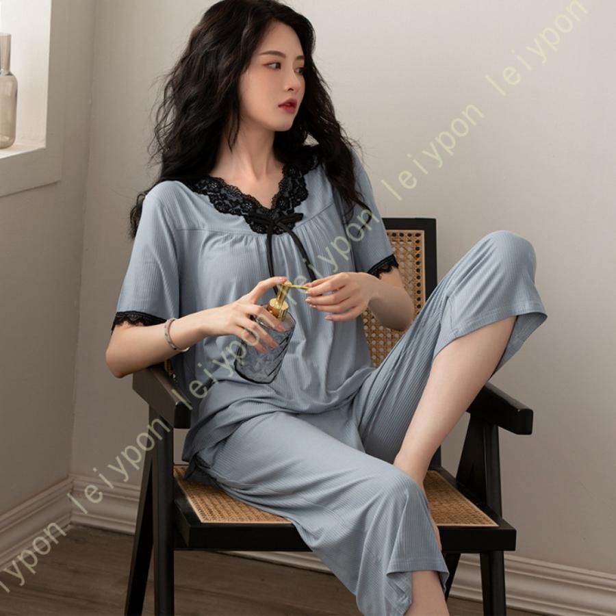 パジャマ レディース ルームウェア ナイトウェア レース 可愛い 寝間着 パンツ 部屋着 ホームウェア 上下セット ズボン トップス 姫系 スリップウェア 半袖