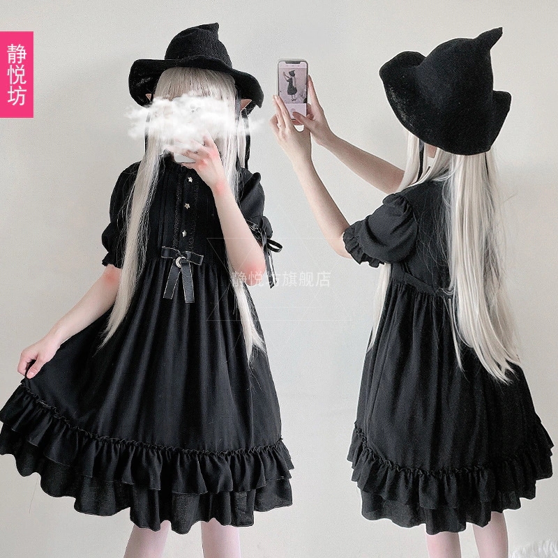 ゴシックスタイルのダークロリ風レトロガールプリンセスドレスメイド服ソフトガールボウ半袖魔女ドレス