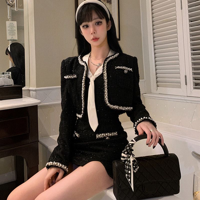 セクシー スーツ セットアップ アウター +キャミソールスカート+ネクタイ 3点 セット レトロ ファッション セット かすかな香り