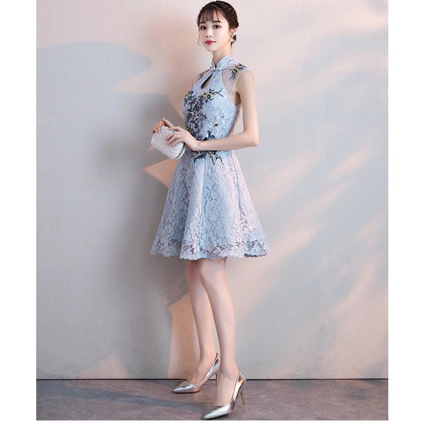 パーティードレス 結婚式 ドレス 袖なし 卒業式 大人 ドレス ミディアム丈ドレス 可愛い チャイナドレス フレアAライン ドレス パーティー お呼ばれドレス