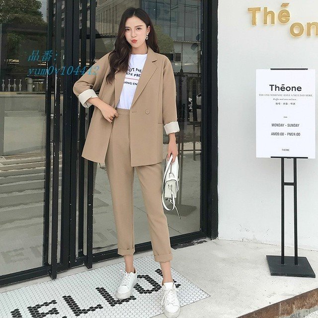 キャメル 秋 お洒落 テーラードジャケット 韓国風 20代 通勤 カジュアル パンツスーツ 通学 春