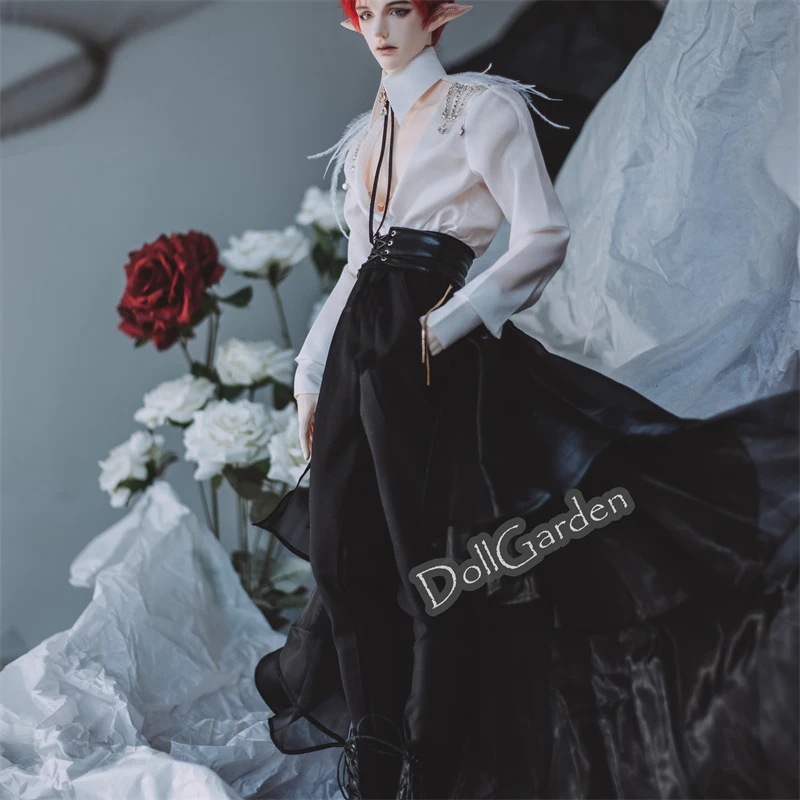 BJD 1/3 ドール服 5点セット 黒&白 襟 羽毛 シャツ パンツ トレーン ID75/70cm/POPO68サイズ球体関節人形用衣装セット