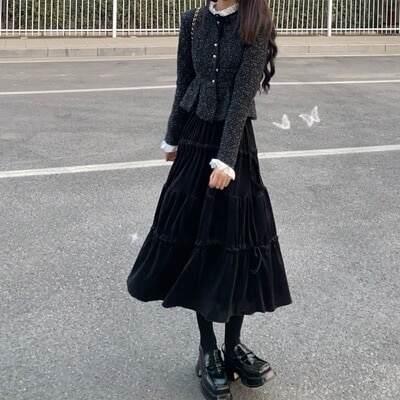 ベルベットの黒半身スカート女秋冬スカート厚手半身ロングスカート冬にセーター小柄冬スカート