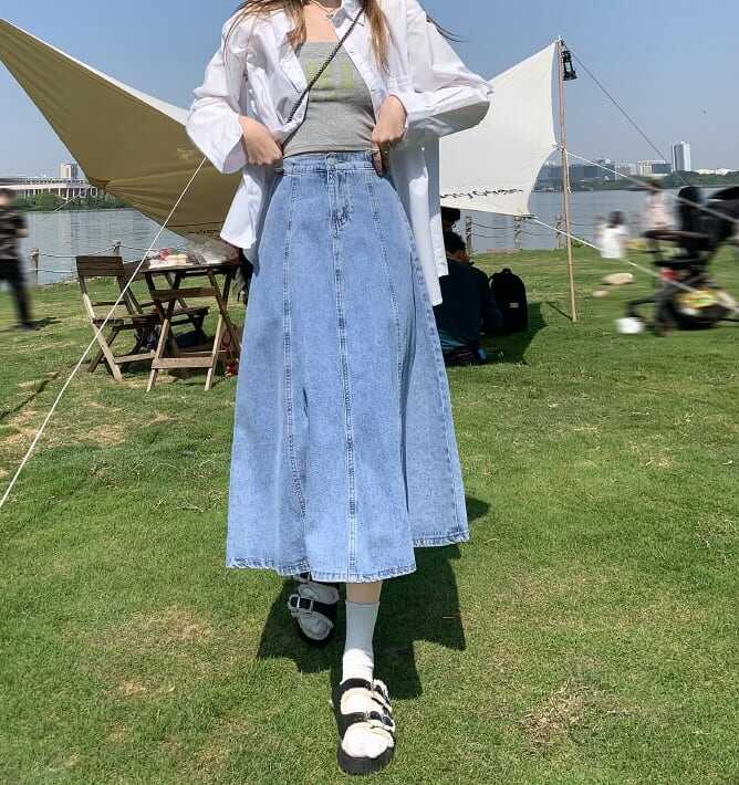 スカート ボトムス ミモレ丈 フレア マーメイド デニム スリット 切り替え ギャザー 切り替え ヴィンテージ風 ボリューム モード ハイウエスト ワイド ゆったり ストレッチ 韓国 かわいい lbo