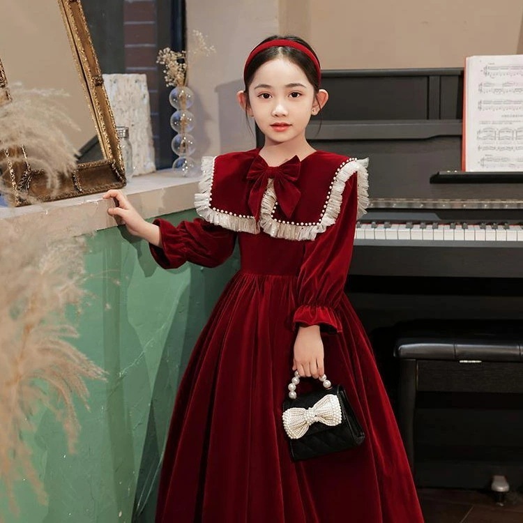 子供ドレス ワイン赤 ベロア ベルベット ロングドレス ピアノ発表会ドレス パフスリーブ 長袖 女児ドレス 折り襟 パール リボン 可愛い キッズドレス 女の子ドレス ワインレッド クリスマス 100