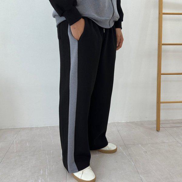 メンズ起毛ライン配色ワイドバンディングTRパンツBT-PTK-Q005-ブラック