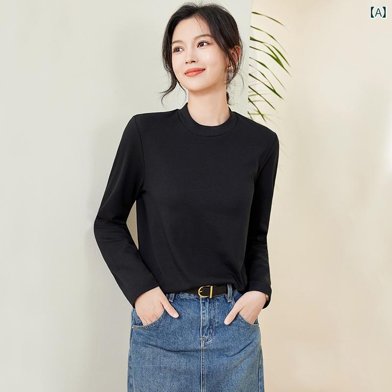 レディース トップス シンプル おしゃれ 春 スモール ハイネック 長袖 シルケット コットン ブラック Tシャツ コットン 下着 ラウンドネック