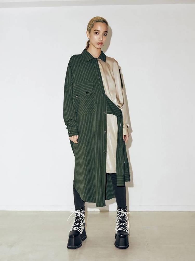 ワンピース ロング シャツ アシメ シャツワンピ ストライプ アシンメトリー 不規則 異素材MIX 5,361円