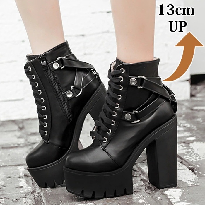 厚底ショートブーツ 厚底 ブーツ レディース ショートブーツ ハイヒール 黒 ハロウイン バット 地雷系 コスプレシューズ 袴ブーツ 太ヒール ベルト飾り 編み上げ 原宿系 スーパーヒール ゴスロリ