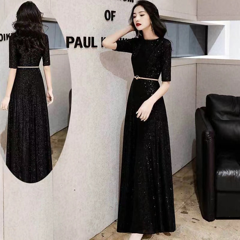 ブラック宴会イブニングドレス2025新しいスタイルエレガントなデイリーデートドレス痩身イブニングドレス