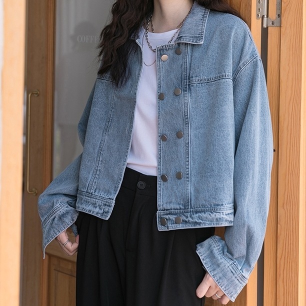 アウター レディース ジャケット デニムジャケット S M L 韓国 ショート 長袖 襟付き かわいい 大人可愛い きれいめ シンプル カジュアル 上品 清楚 フェミニン おしゃれ お洒落 クール