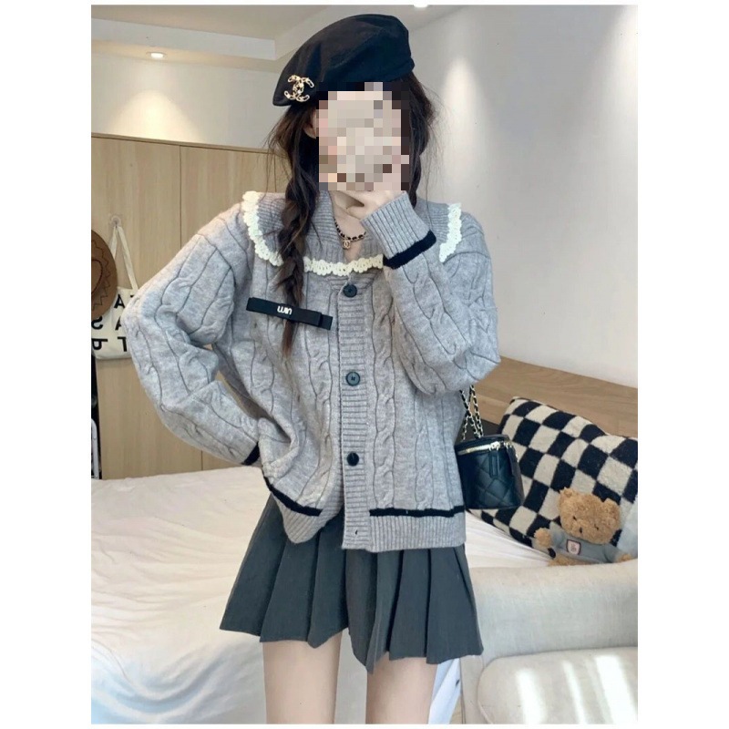 女性用グレーレースエッジドールラペルツイストセーター春と秋の和風優しく甘くてかわいいニットカーディガンジャケット