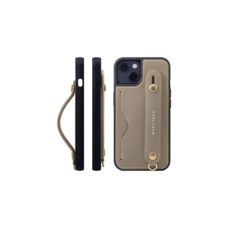 iPhone13 ケース 本革 グリップケース エンボスレザー ストラップ付属 片手操作 カードポケット スタンド機能 メンズ レディース グレージュ NCGH-13-Grege