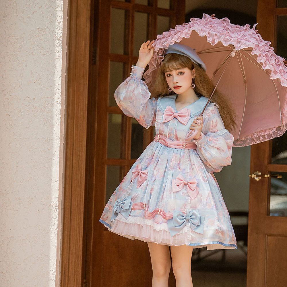 3日出荷 オリジナル デザイン 桜 キャンディラッピング ワンピース ロリータ 上品 甘い 長袖 秋 ドレス レディース