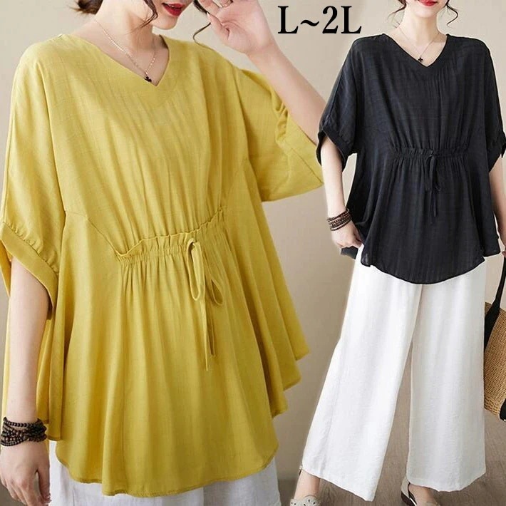 【20点セット】【送料無料】ブラウス　レディース　半袖　ドルマン　ギャザー　フリル　Vネック　切替　トップス 夏　大きめ　立ち襟　ゆったり　かわいい　大きサイズ　L　2L