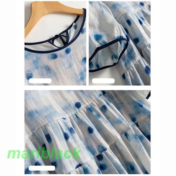 リネン ワンピース 夏 きれいめ ロング丈 麻 半袖 ミモレおしゃれ ドット花柄 シャツ ワンピース クルーネック きれいめ 文芸 aライン