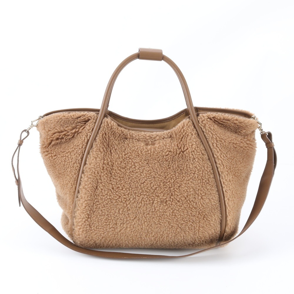 極美品 MaxMara テディベア レザー×キャンバス 2WAY ショルダーバッグ 斜め掛け ハンド トート 本革 ブラウン 茶色 A4 レディース RBM ED39-10 中古