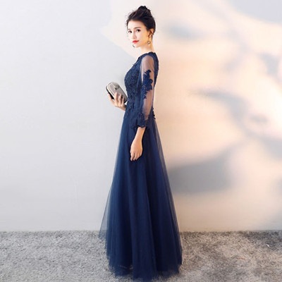 ロングドレス 母親 結婚式 フォーマル ワンピース 結婚式 ロングドレス 演奏会 袖付き ドレス 大人 ピアノ 発表会 結婚式ドレス 結婚式 二次会 大きいサイズ ネイビー ロングドレスda434s1