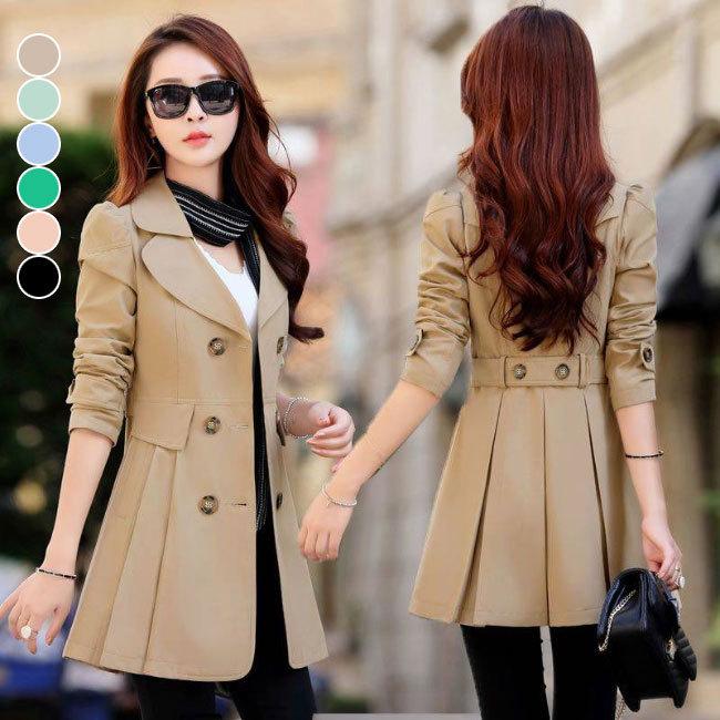 トレンチコート レディース コート 秋 キレイめ プリーツ裾 アウター オフィス 細身 秋コート スプリングコート ダブルボタン 春 トレンチ プレゼント
