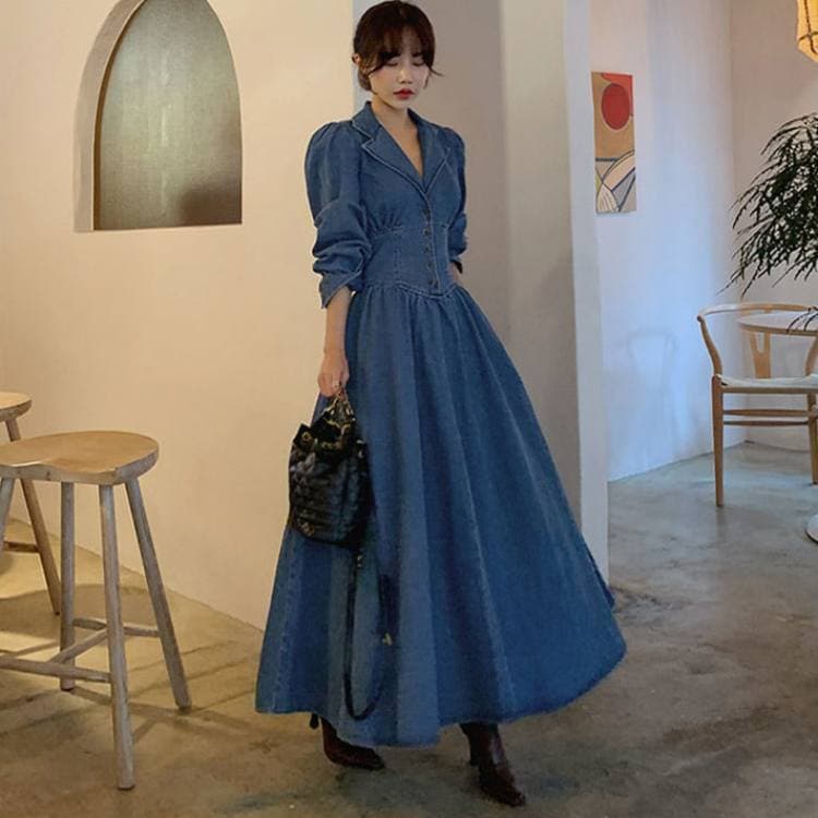 ワンピース フレアワンピース デニムワンピース ロング ロング丈 マキシ マキシ丈 袖あり 長袖 パフスリーブ パワーショルダー Vネック 襟付き ノッチラペル ショールカラー フレア