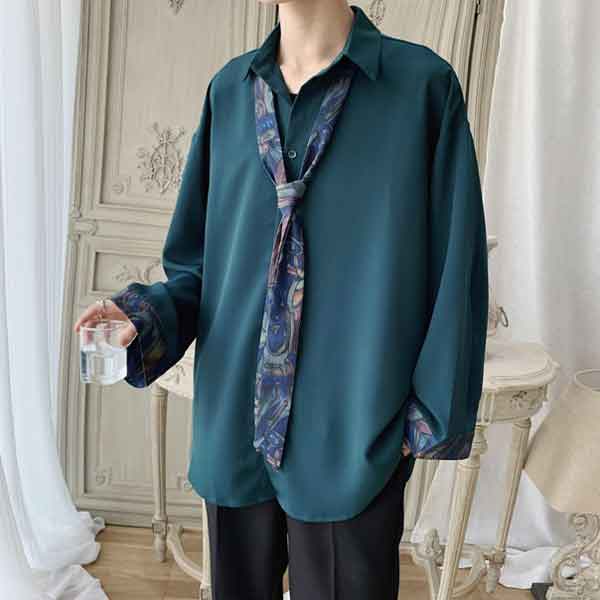 メンズトップスシャツ袖口プリント柄切替えネクタイ付き全3色オーバーサイズルーズフィット