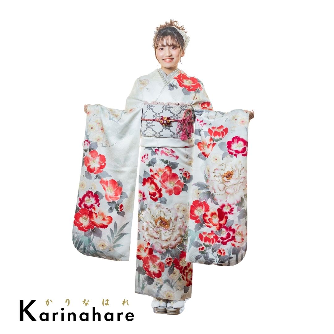 結婚式結納レンタル白振袖　　 華徒然×吉木千沙都振袖　赤色牡丹の花　振袖セットF708-108