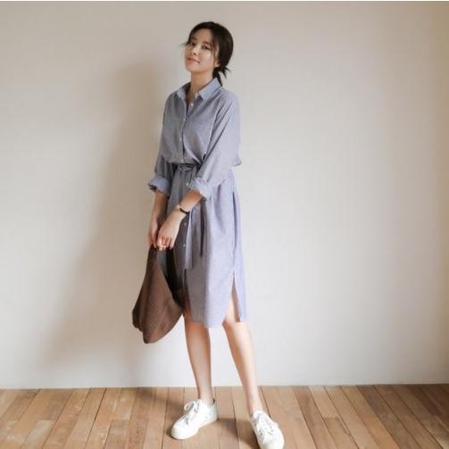 【即納】[最安値挑戦]！韓国 ファッション レディース ワンピース ミディ丈 ストライプ 春夏 シンプル 長袖 襟付き 大きいサイズ