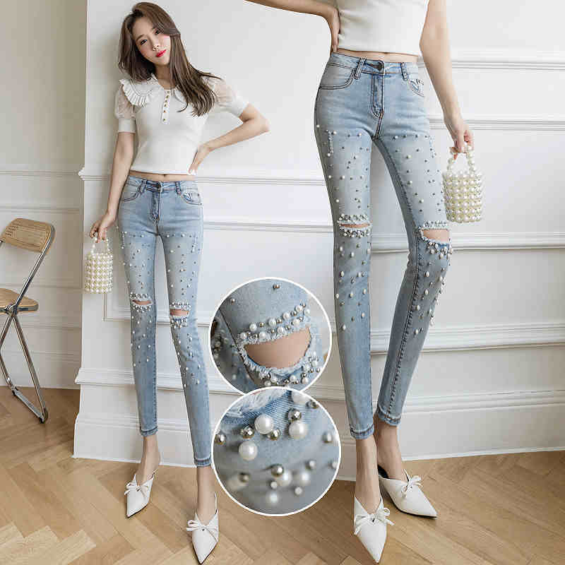 パンツ デニム スキニー 9分丈 ストレッチ パール ビジュー
