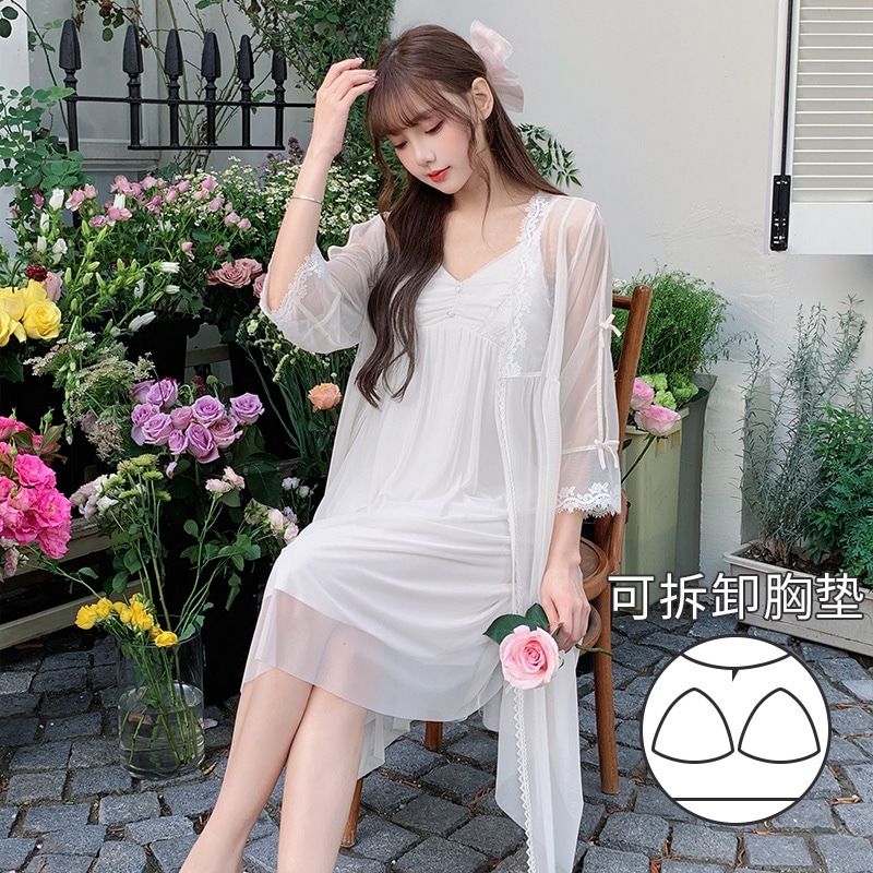 ウィエルニス 夏用 軽量 高級 メッシュ モダール スリング カーディガン ツーピース ナイトドレス 部屋着 胸パッド付き レディース