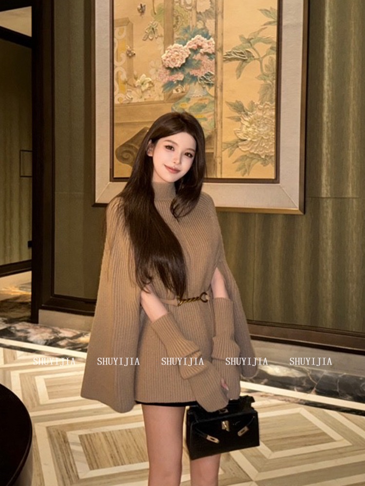 アーム付きニットポンチョ ハイネックケープニット ニット. セーター ポンチョ ケープ レディース トレンド ガーリー 綺麗め デート. お出掛け 可愛い オシャレ a4848 6,073円