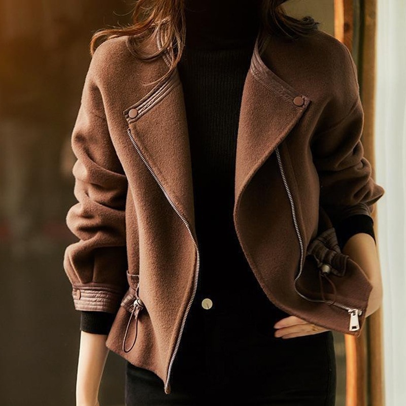 韓国風ショートコートおしゃれ通勤年齢軽減デザイン巾着ウエスト気質女性用模造カシミヤウールコート