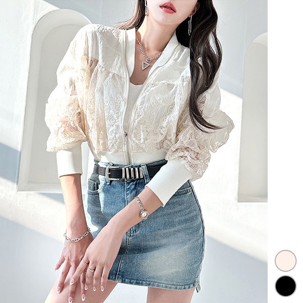 ブルゾン ジャケット レディース アウター 長袖 シースルー レース ジップアップ ショート丈 クロップ カジュアル おしゃれ 春 夏 韓国 to27209