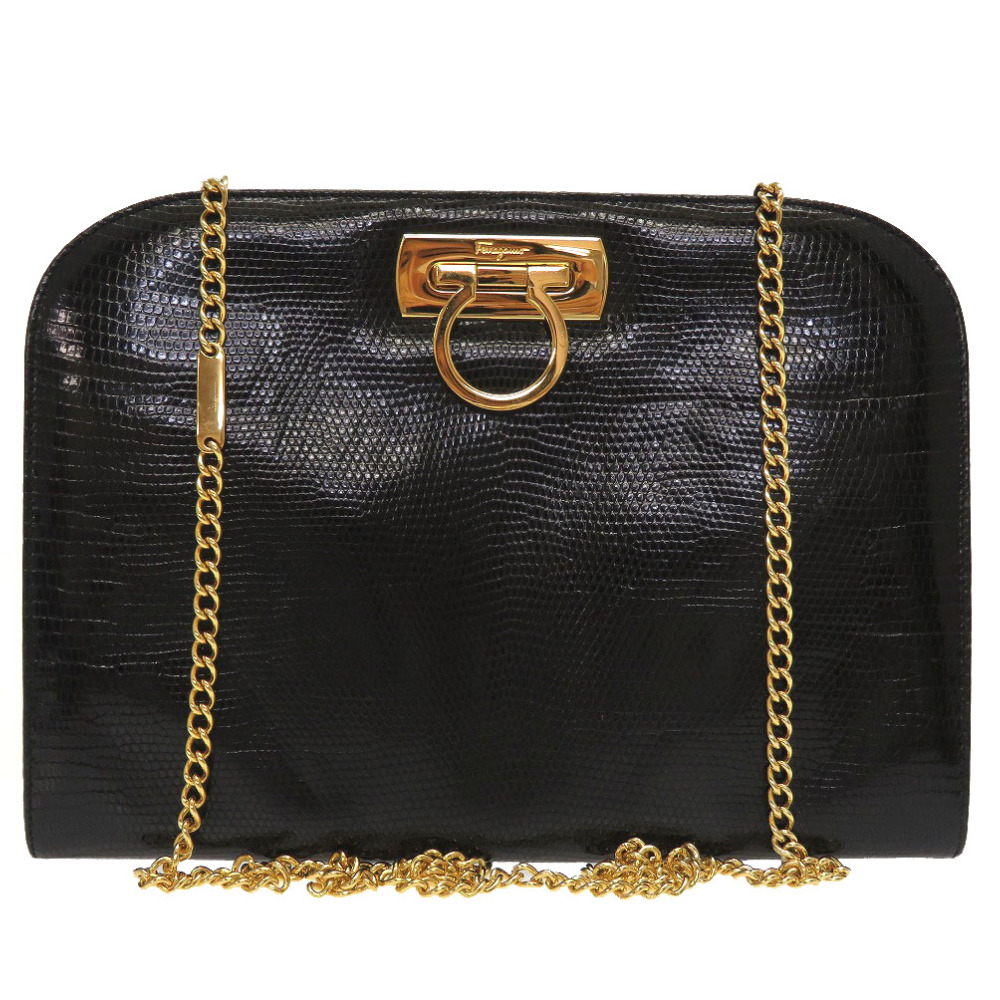 美品 サルヴァトーレフェラガモ ガンチーニ ゴールドチェーン P21 5281 ショルダーバッグ リザード/リザード ブラック 0045【中古】Salvatore Ferragamo レディー